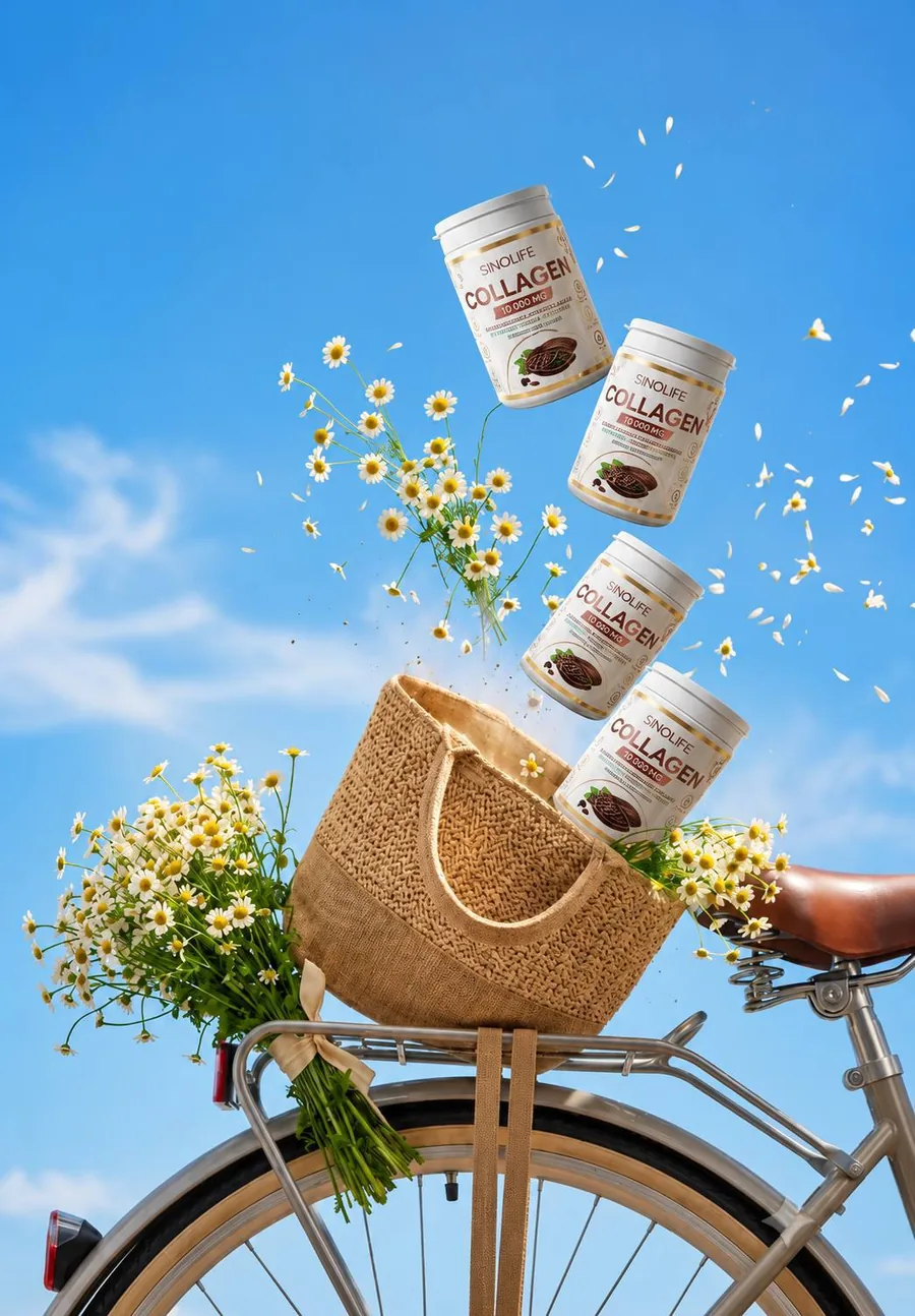 Velosiped savatidan uchib chiqayotgan to‘rtta SinoLife Collagen bankasi
