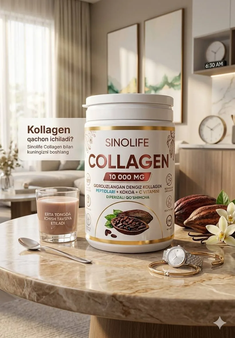 Ertalabki stol ustida SinoLife Collagen va bir stakan kakaoli ichimlik