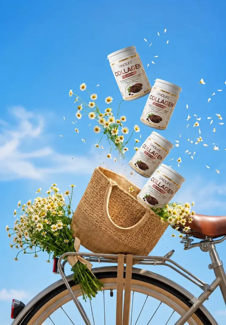 Velosiped savatidan uchib chiqayotgan SinoLife Collagen bankalari