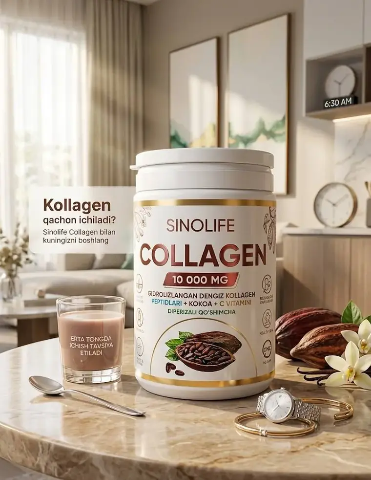 Ertalabki stol: SinoLife Collagen va bir stakan kakaoli ichimlik