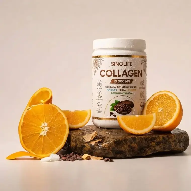 SinoLife Collagen bankasi va apelsin bo‘laklari